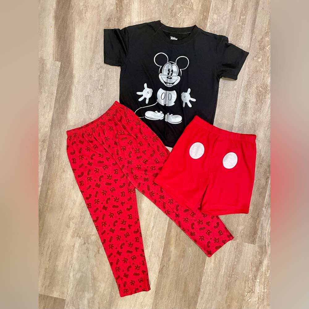 Disney Kids Pajama Set - Black Mickey Top with Red Pants & Red Shorts